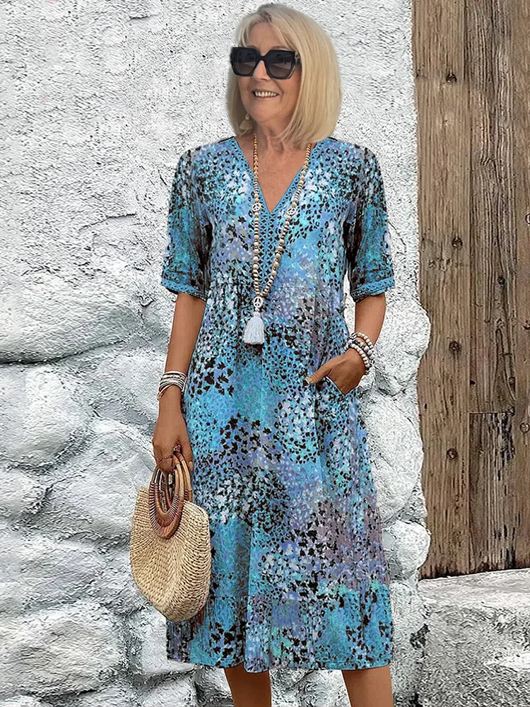 Kimano - Short Sleeve Mid-Calf Printed Dress