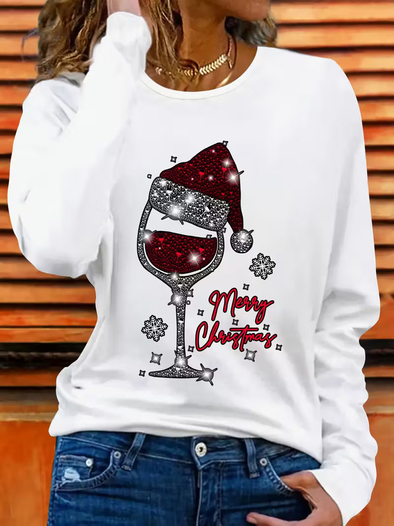 Doreah - Christmas Wine Glass & Santa Hat Print Sweater