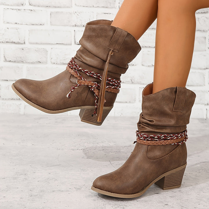 Theoora - Elegant Rope Chunky Heel Boots