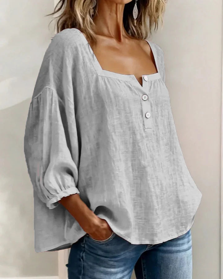 Leontien - Square Neck Long Sleeve Cotton Blouse