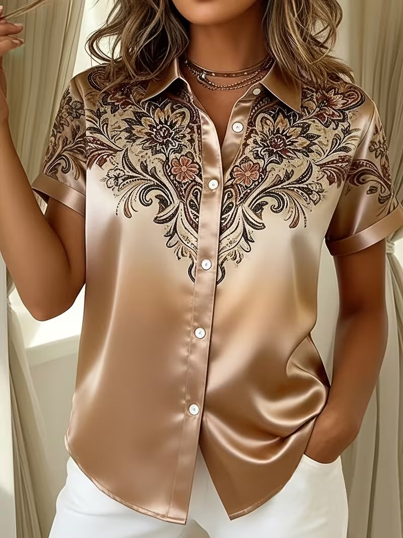 Zirmela - Floral Satin Print Button-Up Top