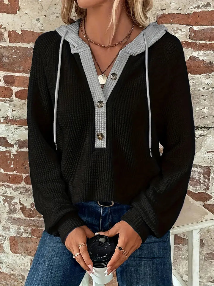 Snezhana - Long Sleeve Button Front Drawstring Hoodie