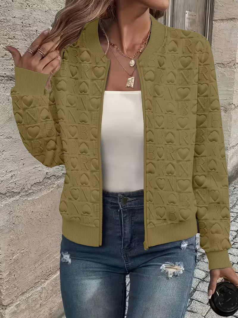 Mileisine - Embossed Heart Pattern Zip-Up Jacket