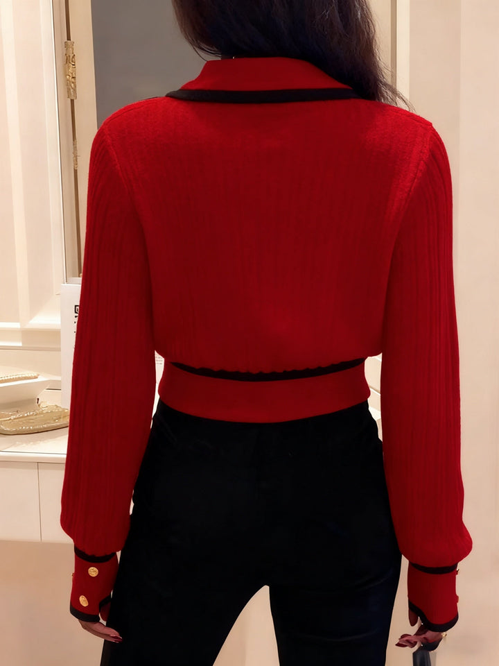 Roweina - Long Sleeve Contrast Trim Button Sweater