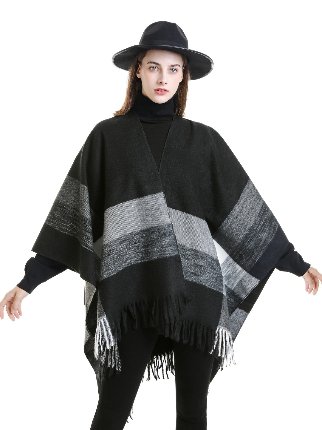 Lirelle - Geometric Pattern Fringed Poncho Shawl Wrap