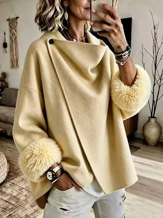 Kalisana - Faux Fur Cuff Asymmetric Wool-Blend Jacket