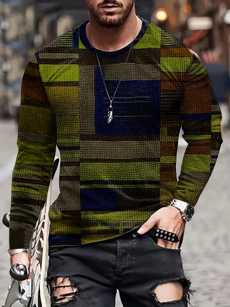Dravric - Patchwork Geometric Print Long Sleeve Shirt