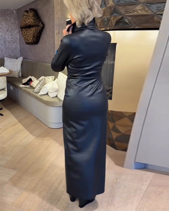 Laila - Fashionable PU Leather Zippered Dress