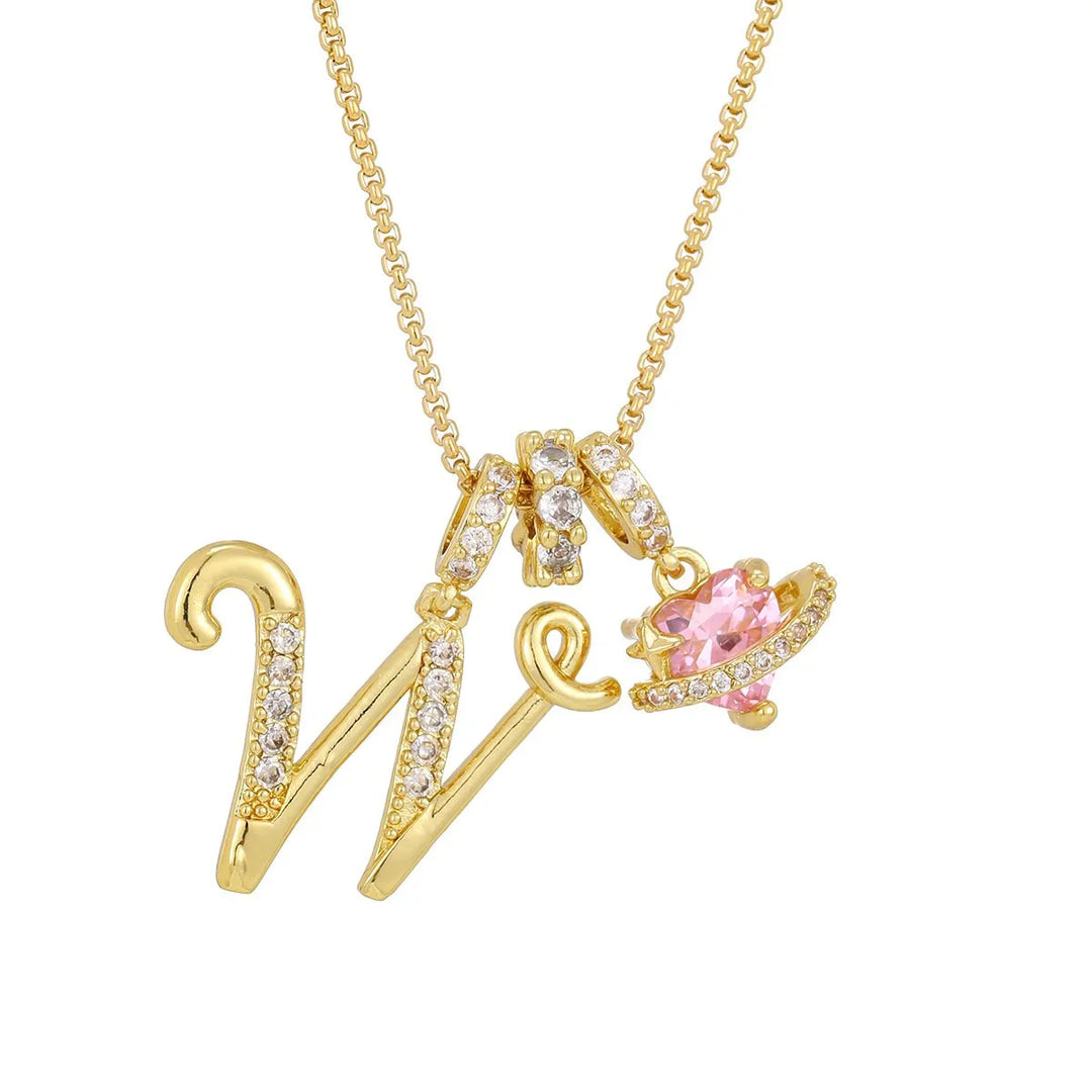 Nerute - Initial Letter Necklace With Pink Heart Charm