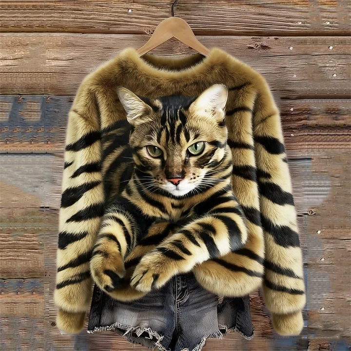 Jules - Tabby Cat And Tiger Pattern Soft Plush Sweatshirt