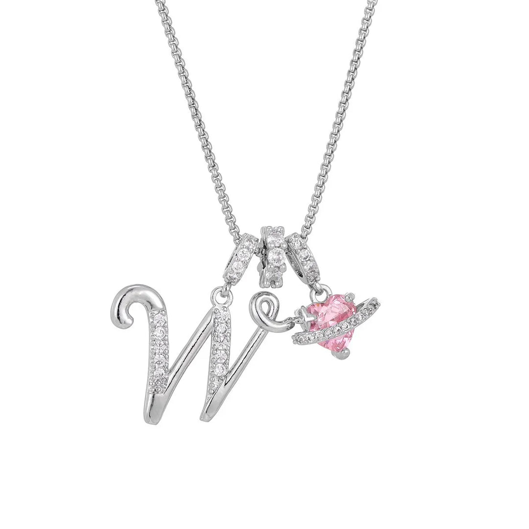 Nerute - Initial Letter Necklace With Pink Heart Charm