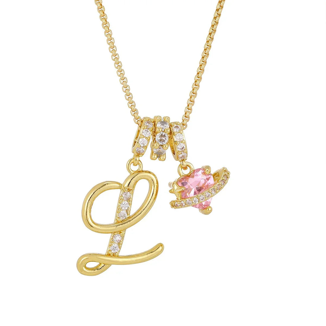 Nerute - Initial Letter Necklace With Pink Heart Charm