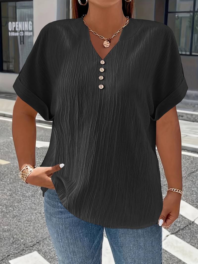 Lakmali - Textured Short Sleeve Top With V-Neck