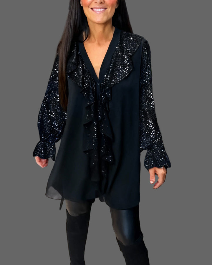 Moxie  - Ruffle Sparkly Sequin Blouse with V-Neck