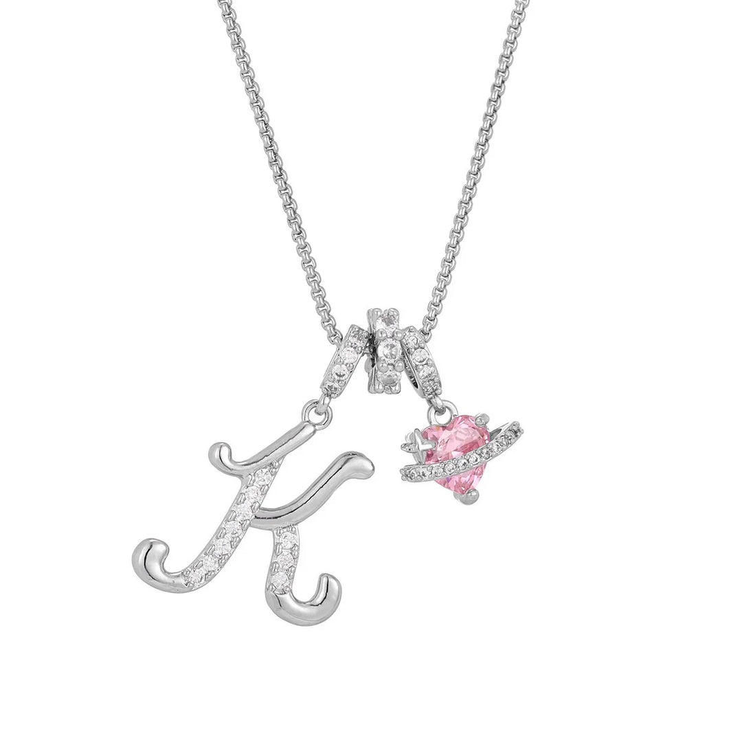Nerute - Initial Letter Necklace With Pink Heart Charm