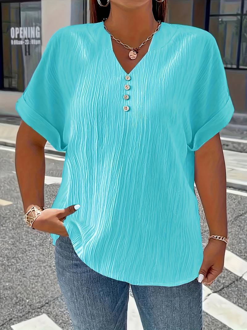 Lakmali - Textured Short Sleeve Top With V-Neck