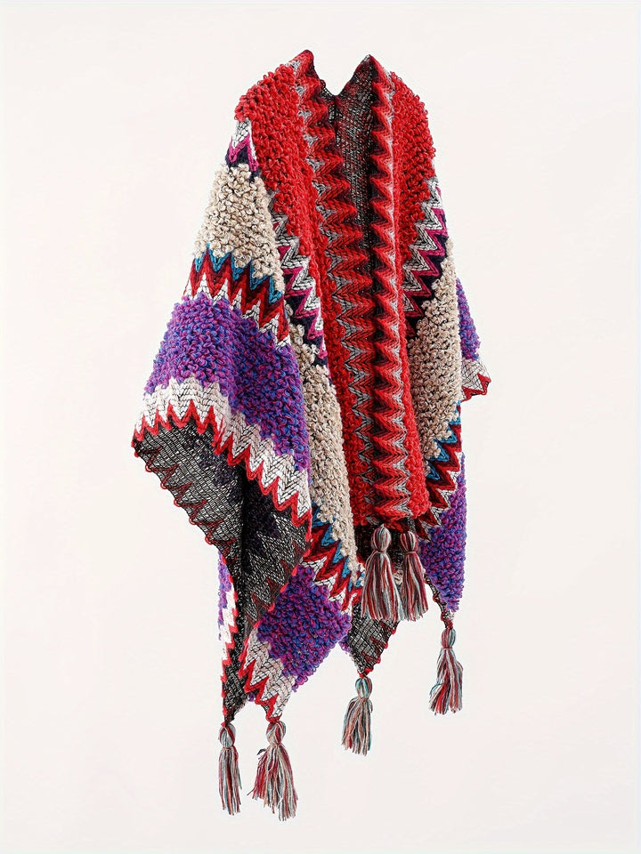 Raffalosa - Tassel Striped Blanket Cape Travel Jacket