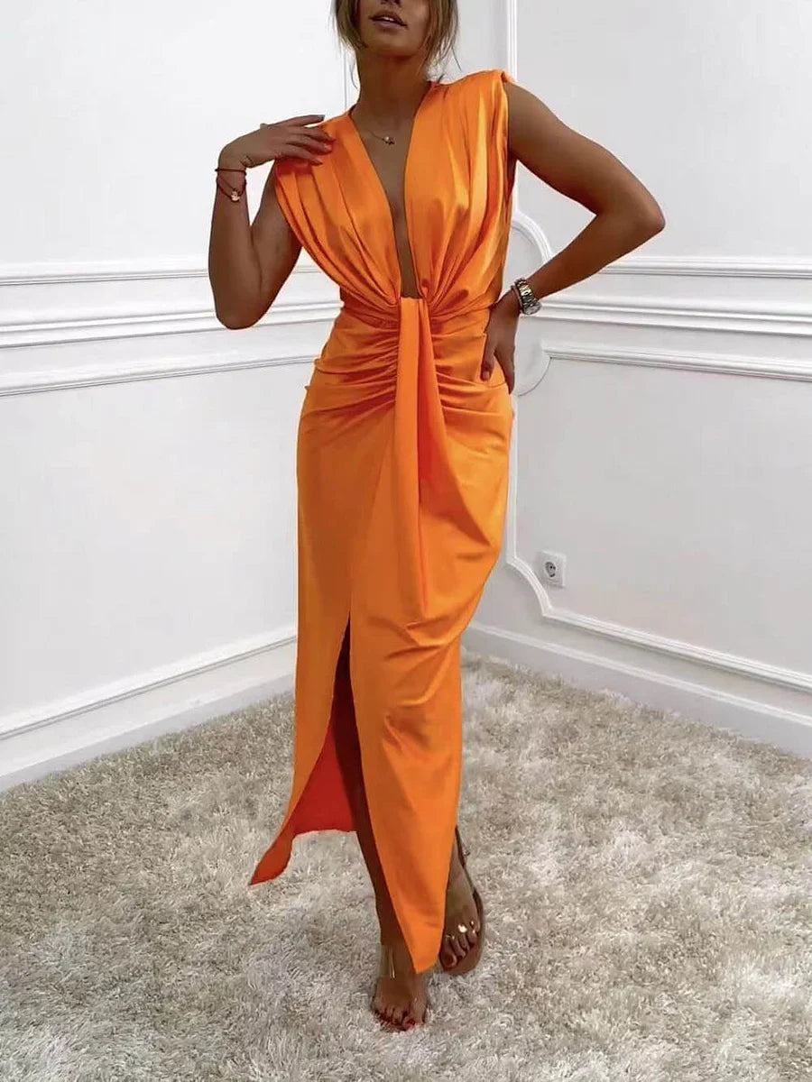 Jolira - Classic Midi Dress With Ruched Draped Slit