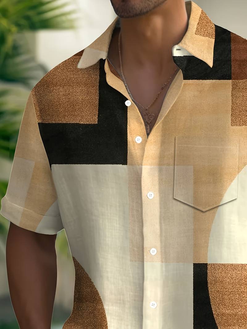 Boucher - Vintage Geometric Print Short Sleeve Shirt With Button