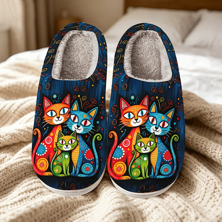 Jovisova - Cat Print Plush-Lined Slippers