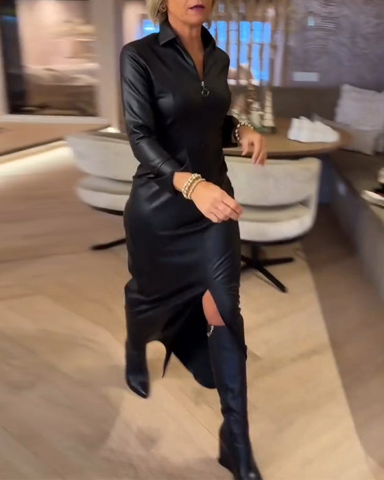 Laila - Fashionable PU Leather Zippered Dress
