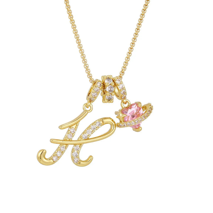 Nerute - Initial Letter Necklace With Pink Heart Charm