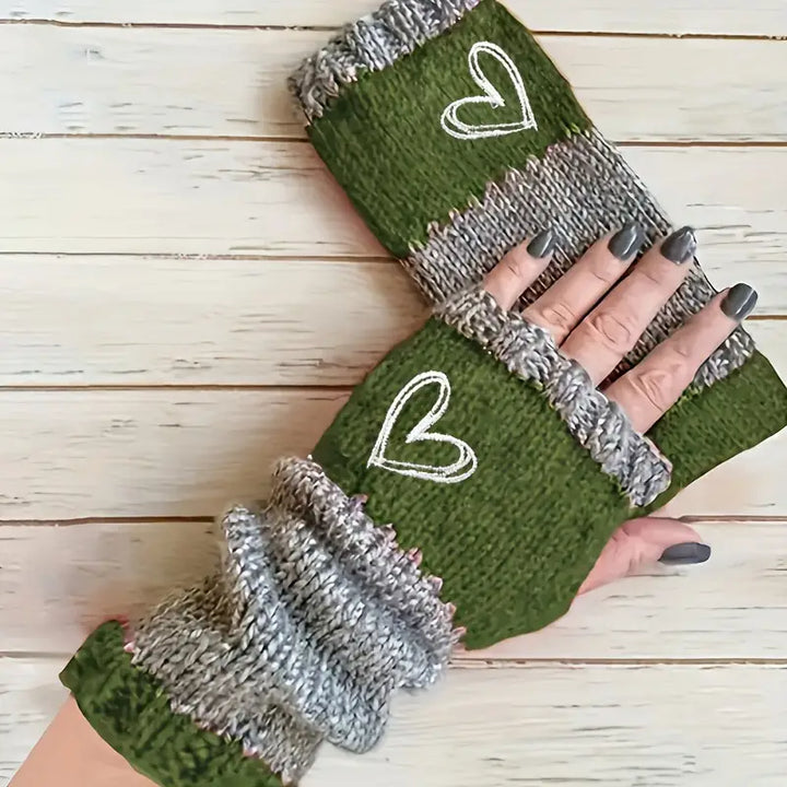 Eirlys - Knitted Fingerless Gloves With Heart Motif