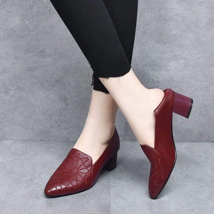 Minhora - Leather Embroidered Block Heel Pumps