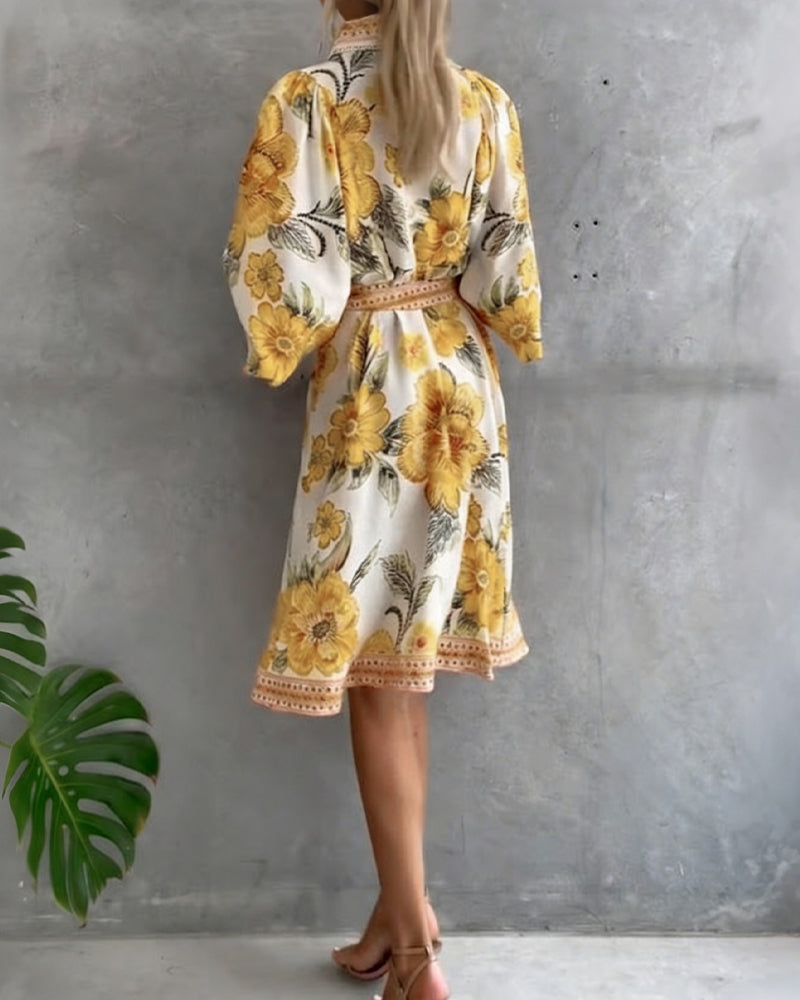 Nylera - Lantern Sleeve Dress With Notched Collar