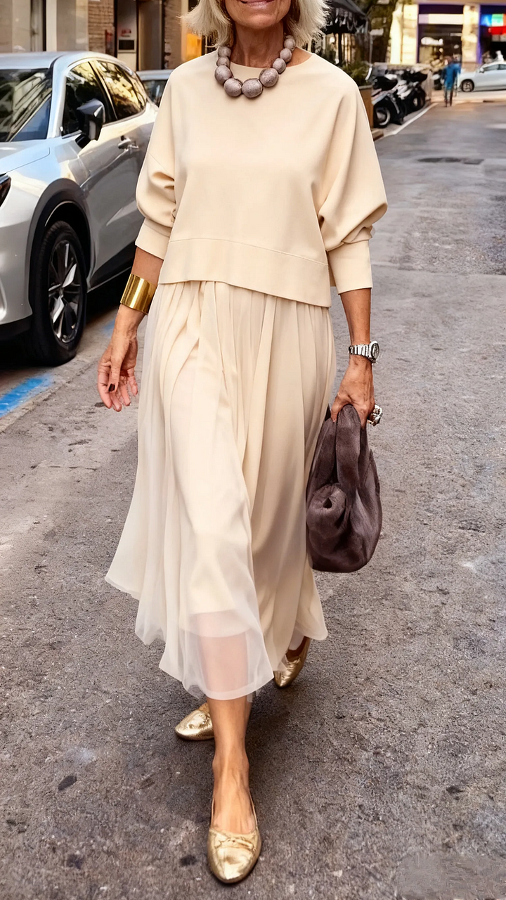 Efrata - Charming Satin Dress With Knitted Sweater