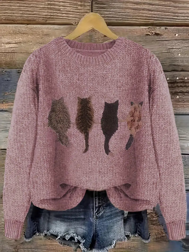Urvana - Cat Print Long Sleeve Sweater