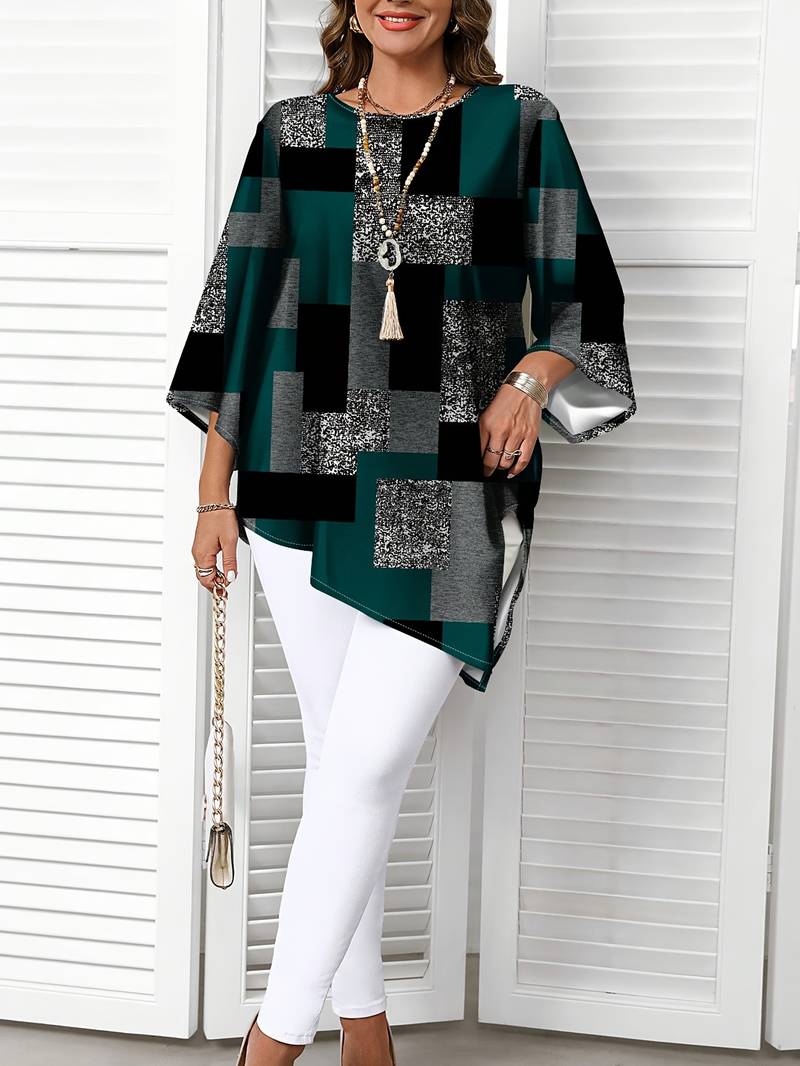 Nurit - Checkered Oversized Printed Blouse With Short Sleeve
