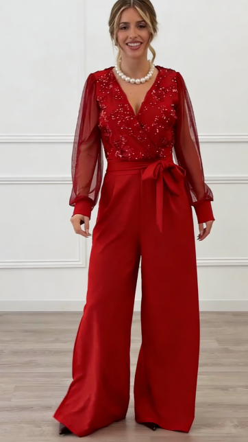 Meira - Mesh Long Sleeves Embellished Jumpsuit