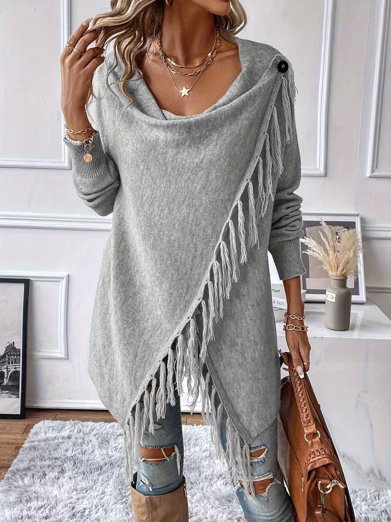 Theoaula - Draped Neck Cardigan With Fringed Trim