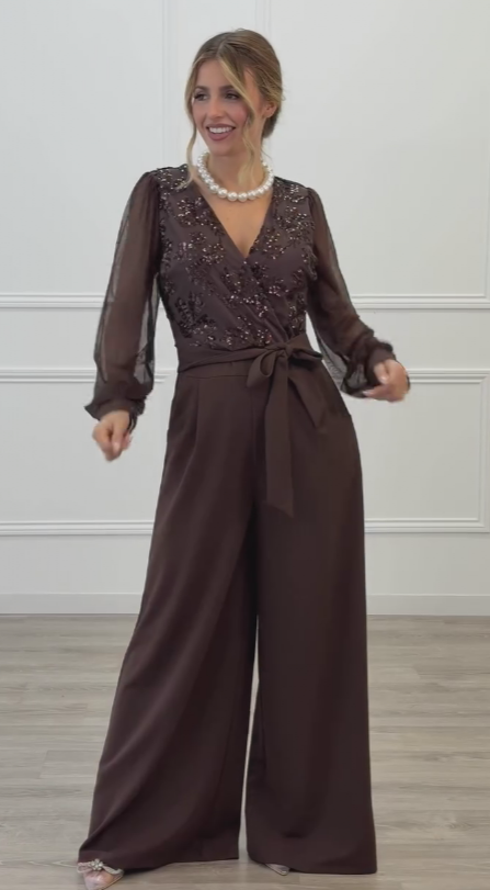 Meira - Mesh Long Sleeves Embellished Jumpsuit