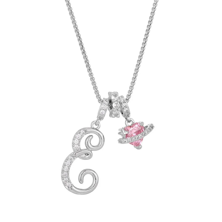 Nerute - Initial Letter Necklace With Pink Heart Charm