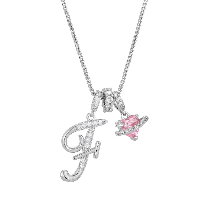 Nerute - Initial Letter Necklace With Pink Heart Charm