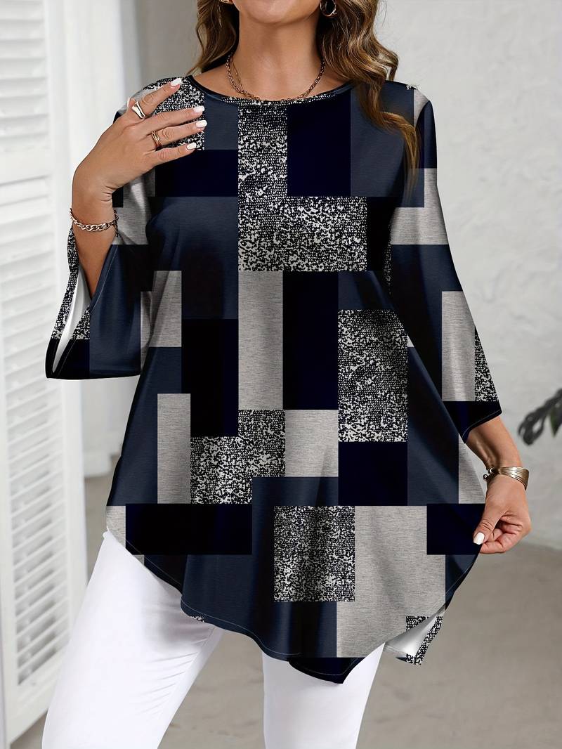 Nurit - Checkered Oversized Printed Blouse With Short Sleeve