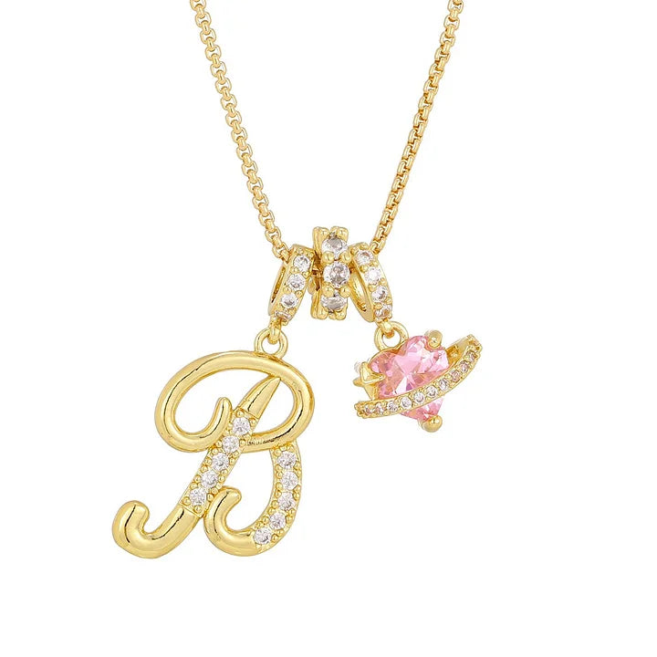 Nerute - Initial Letter Necklace With Pink Heart Charm