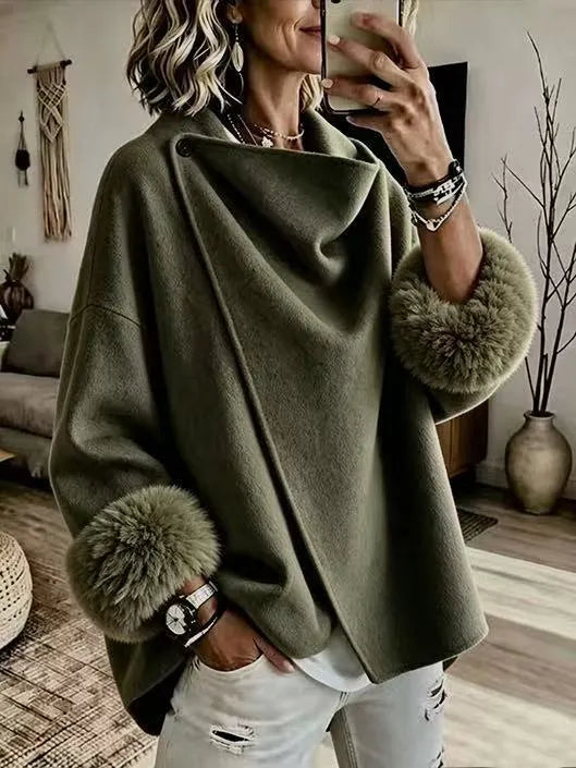 Kalisana - Faux Fur Cuff Asymmetric Wool-Blend Jacket