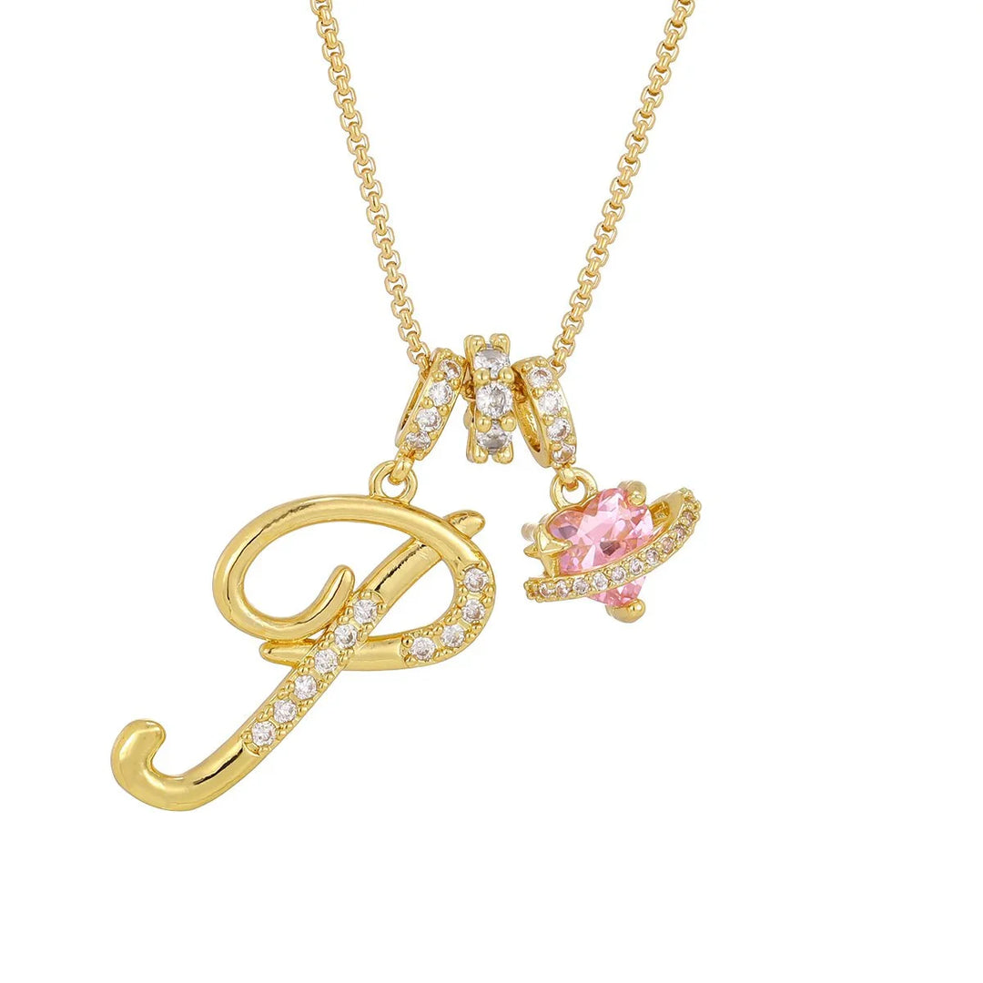 Nerute - Initial Letter Necklace With Pink Heart Charm