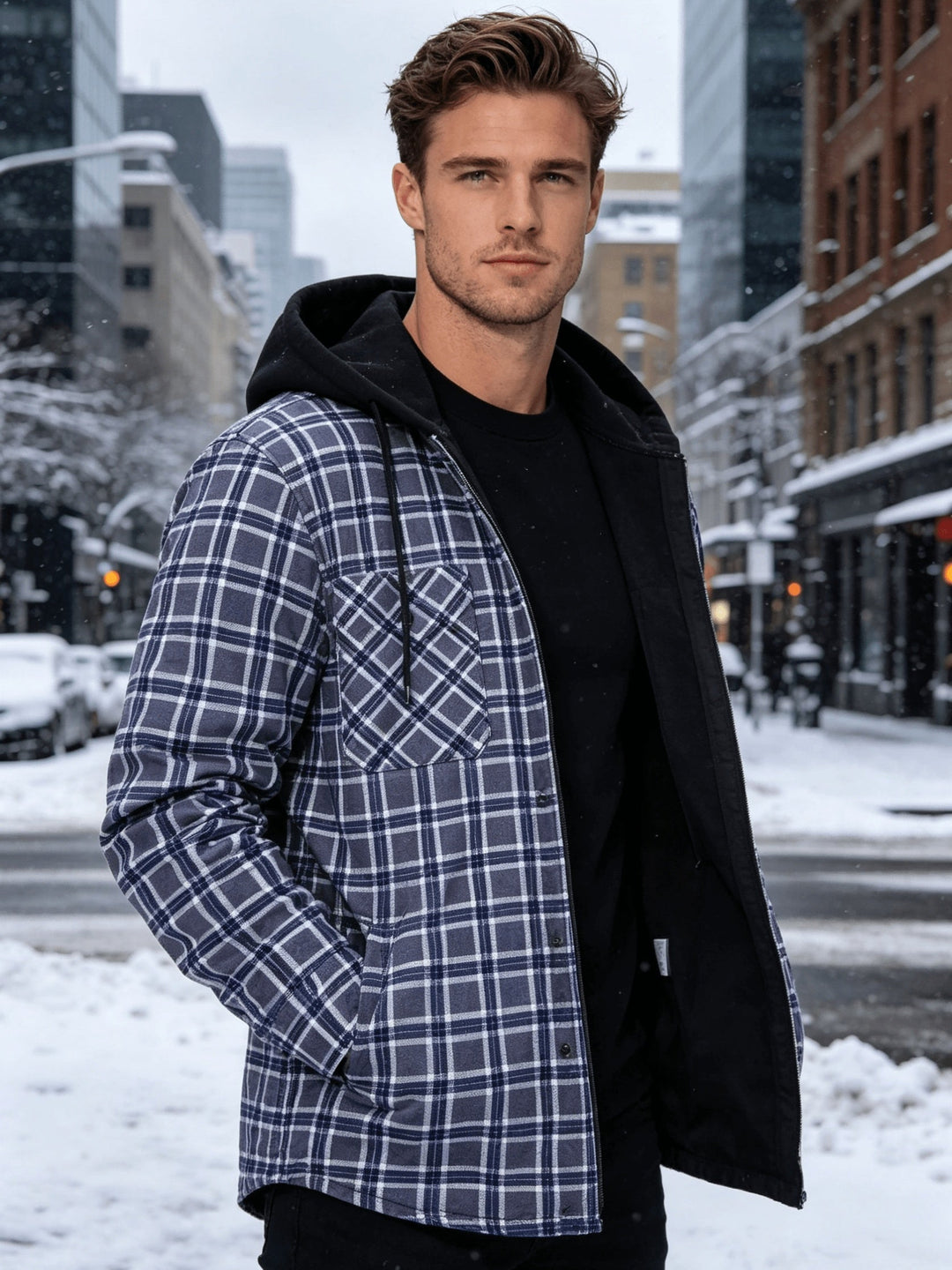 Petrena - Plaid Hooded Jacket With Chest Pockets