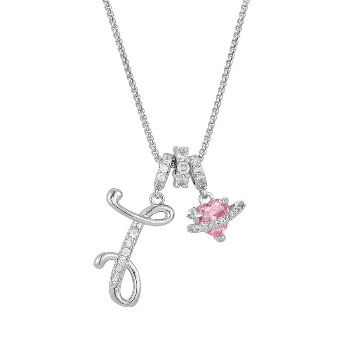 Nerute - Initial Letter Necklace With Pink Heart Charm
