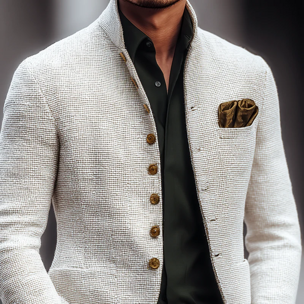Artjom - Plain Tweed Casual Jacket With High Collar