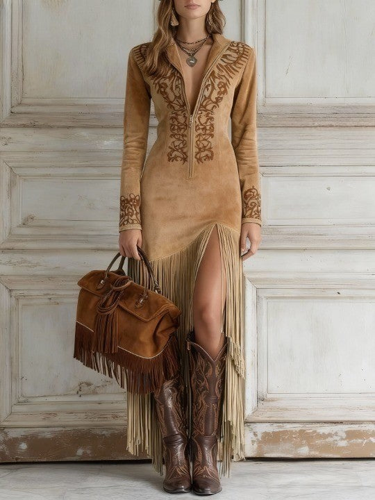 Enaida - Embroidered Faux Suede Maxi Dress with Half Zip
