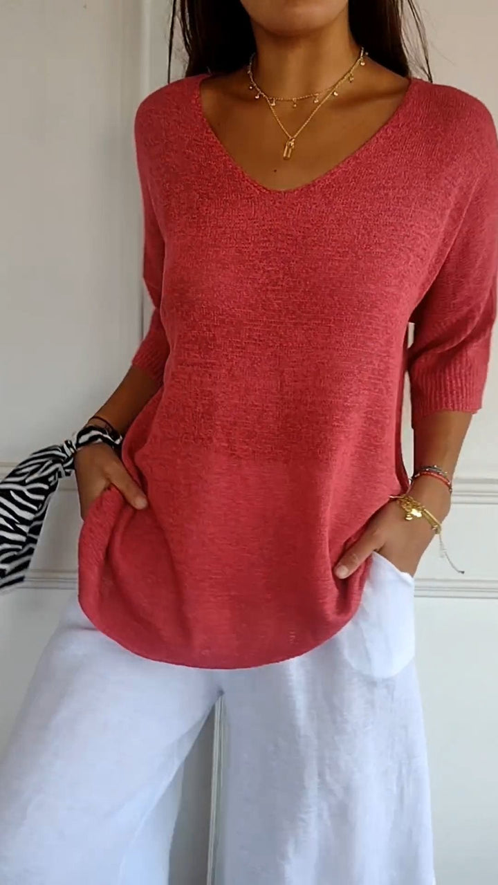 Rosal - Solid Color Knitted Top With a V-neck