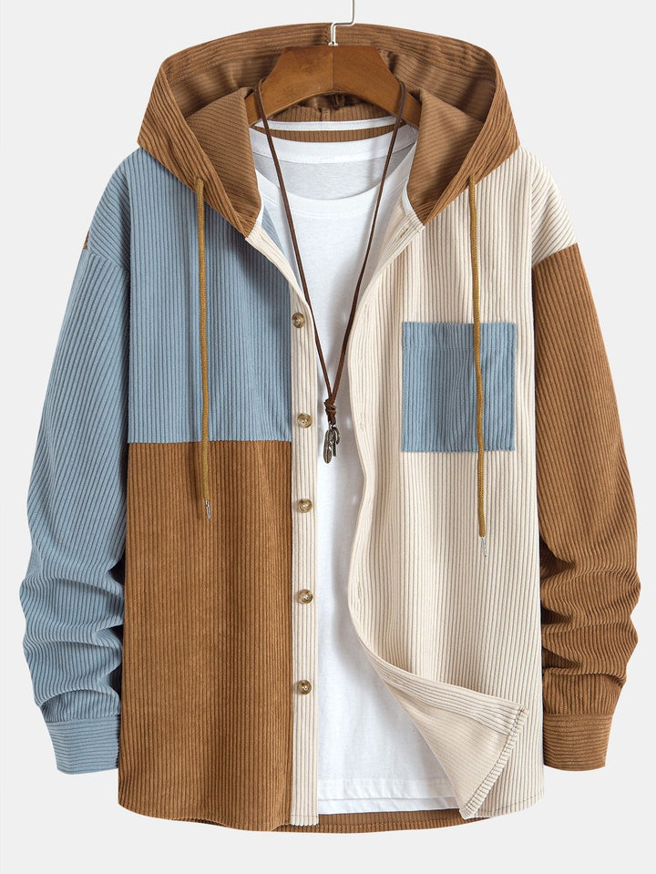 Elonzo - Colorblock Corduroy Hooded Shirt
