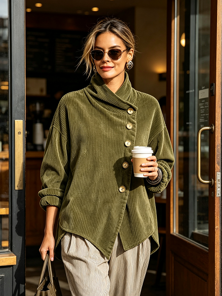 Lianana - Asymmetric Button-Up Corduroy Sweater