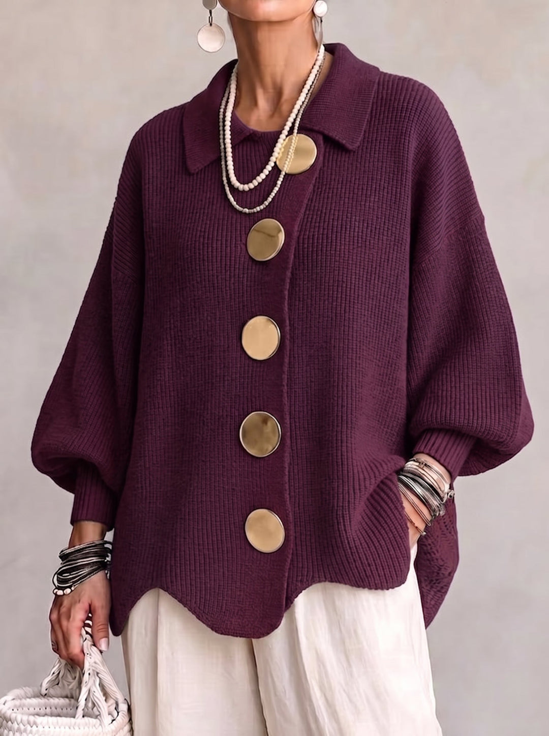 Geneette - Oversized Cardigan With Gold Buttons