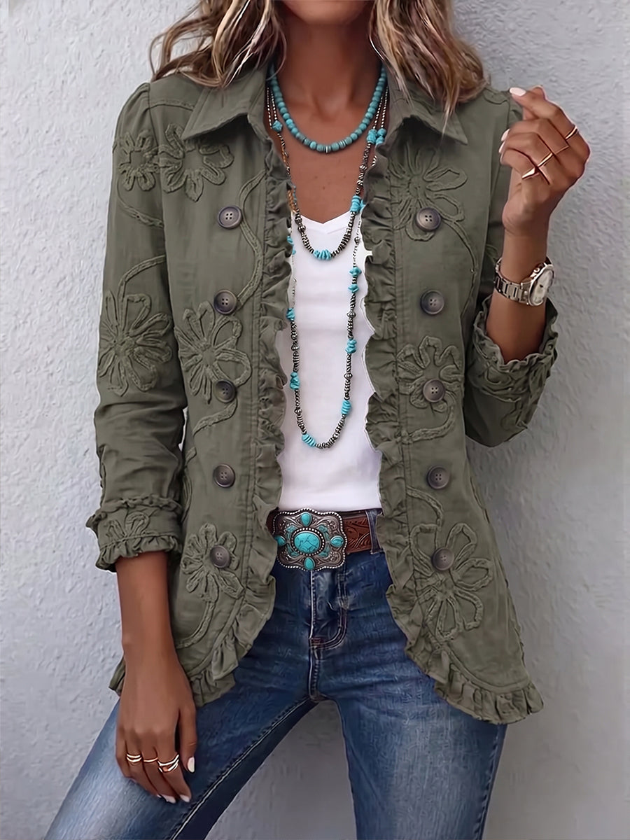 Loviita - Floral Embroidered Button-Front Ruffle Hem Jacket